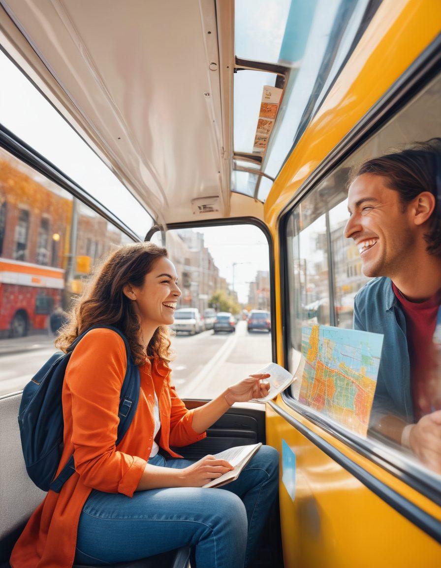 A cheerful bus interior filled with happy commuters engaged in conversations, reading, and enjoying the scenery outside the window. Sunlight streaming through the glass, illuminating a colorful bus route map on the wall. A friendly driver at the front, smiling as they navigate through a vibrant cityscape. The atmosphere radiates positivity and joy of commuting. super-realistic. vibrant colors. white background.