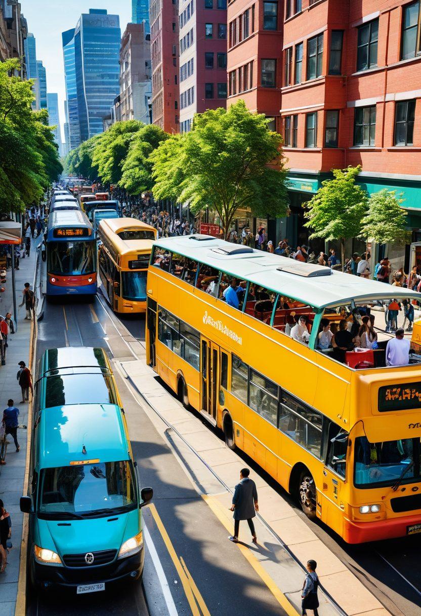 A bustling city scene with diverse individuals happily using various forms of public transportation such as buses, trams, and trains. Incorporate elements showing easy booking methods on smartphones and tablets in their hands, as well as vibrant landscapes in the background. Include symbols of wholesome experiences, like people enjoying local cuisine at a nearby food stall and smiling families. A warm, inviting color palette to evoke a sense of satisfaction and adventure. super-realistic. vibrant colors. cityscape.