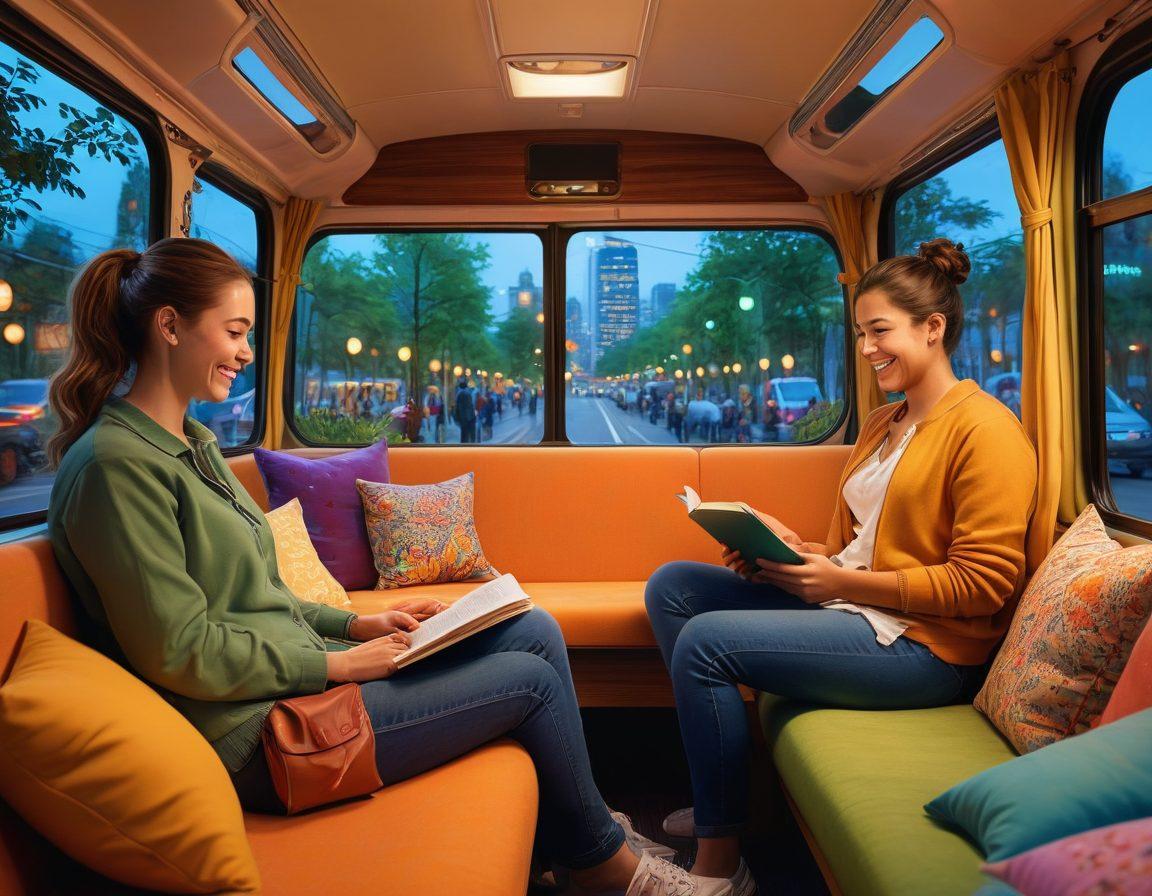 A cozy bus interior filled with happy commuters enjoying their journey, featuring colorful cushions, warm lighting, and plants. Include a window view showcasing a beautiful cityscape with trees and blue skies. Depict commuters reading, chatting, and using devices, with smiles and a sense of comfort. super-realistic. vibrant colors. soft lighting.
